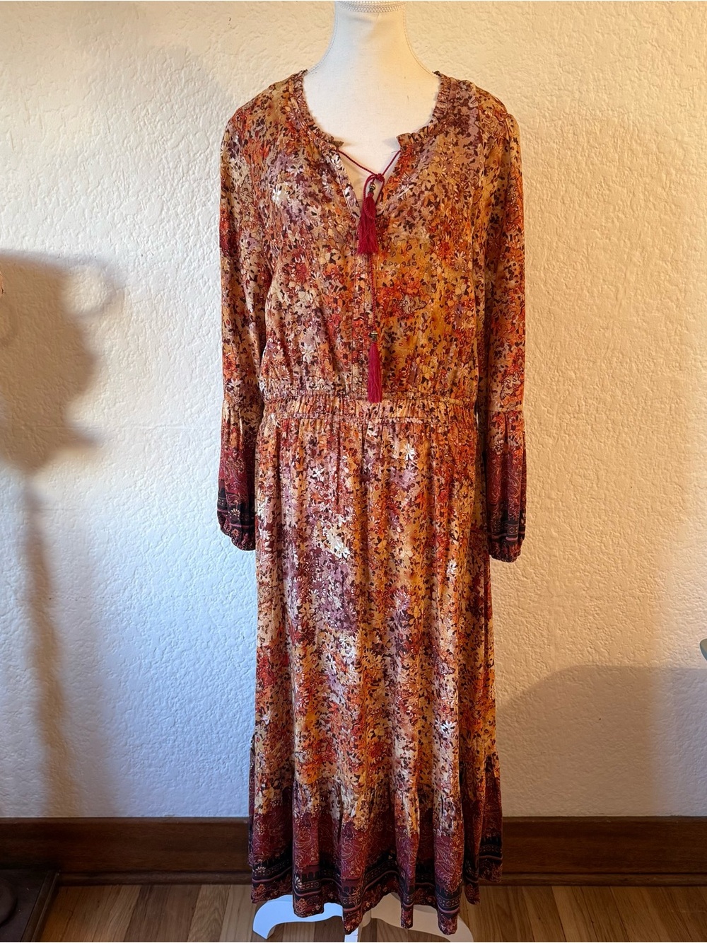 FRYE AND CO Long Sleeve Peasant Dress in Floral Combo Cottage Boho Size L